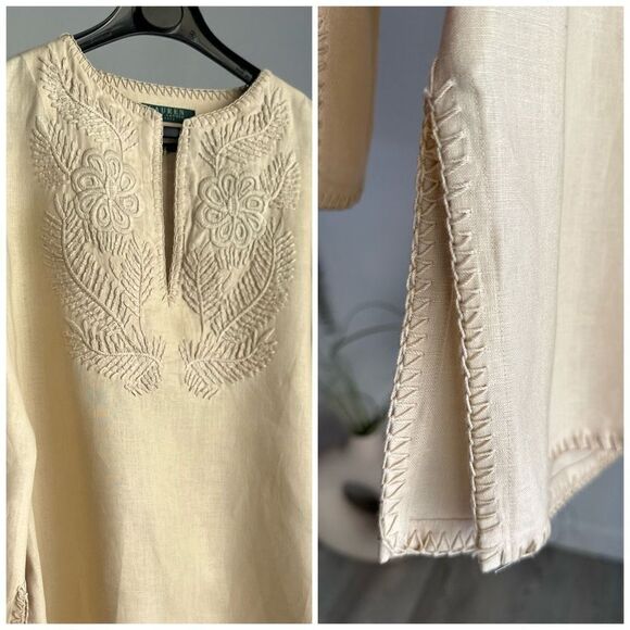 Lauren Ralph Lauren Petite Embroidered Small 100% Linen Blouse Beige - Picture 3 of 6